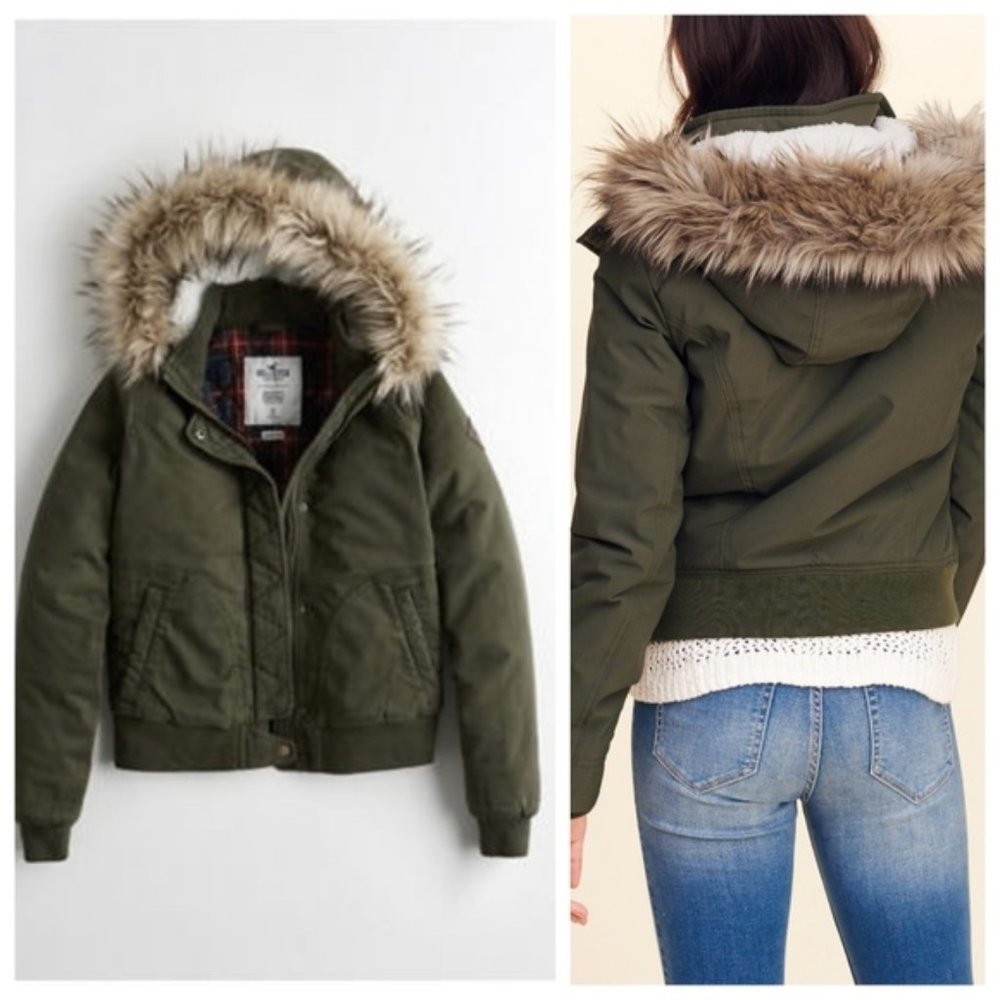 Cute warm fur olive green Hollister crop jacket m